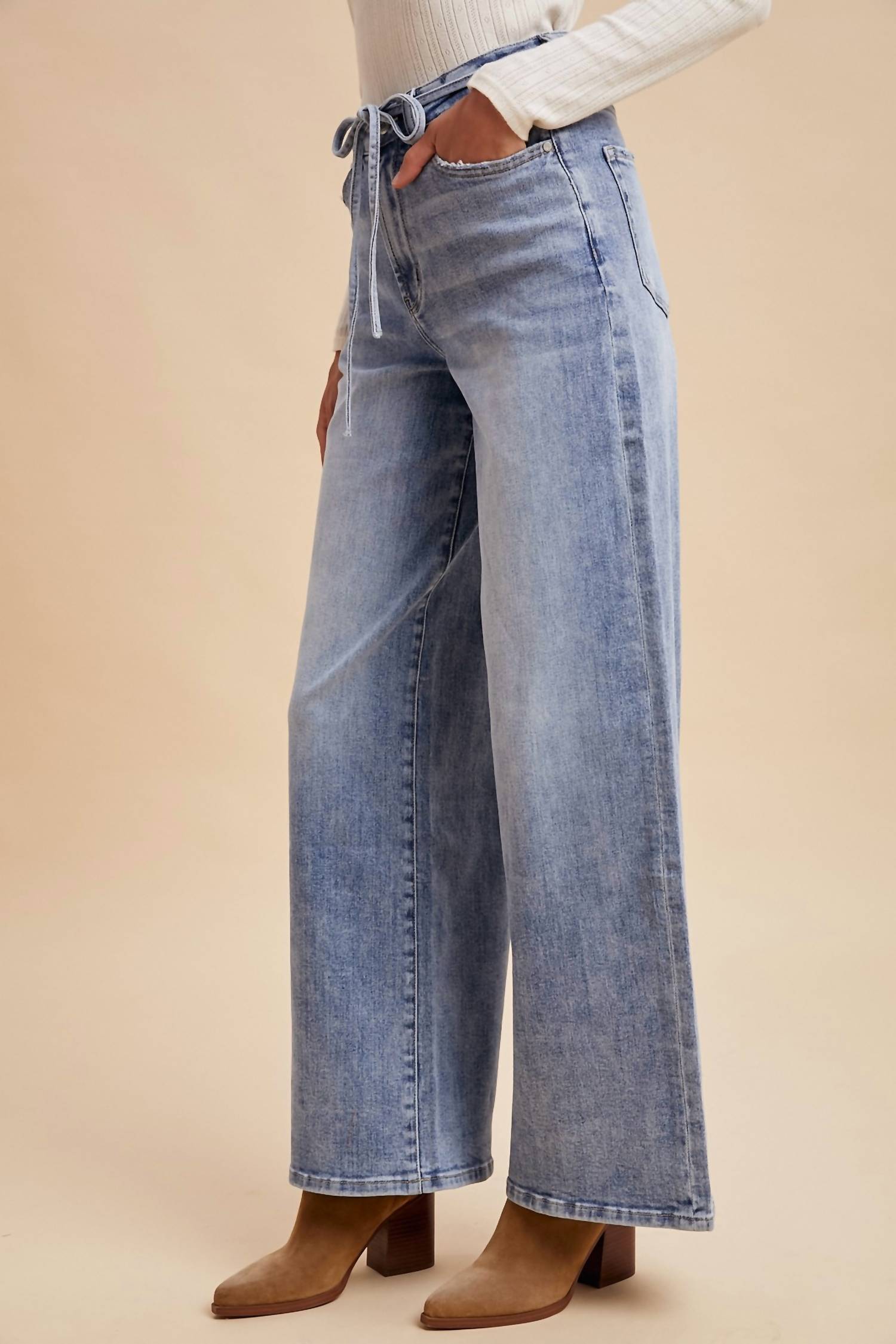 AnnieWear Stretch High Rise Tie Waist Wide Leg Denim Pants in medium blue - women's jeans - alternate view