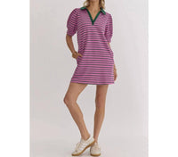 Style Usa - Stripe Print V-neck Puff Sleeve Collared Mini Dress