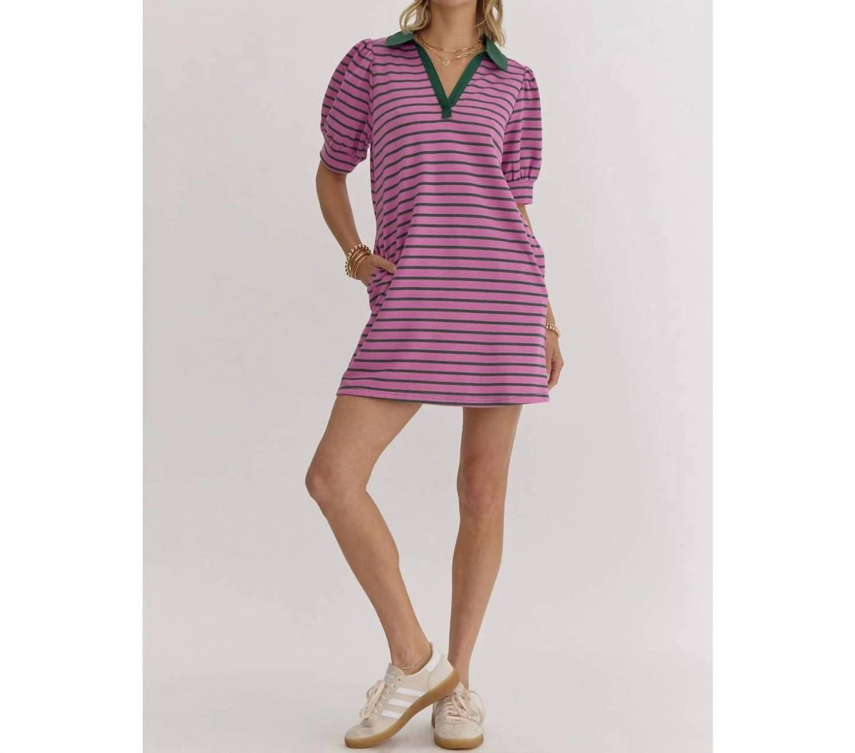 Style Usa - Stripe Print V-neck Puff Sleeve Collared Mini Dress