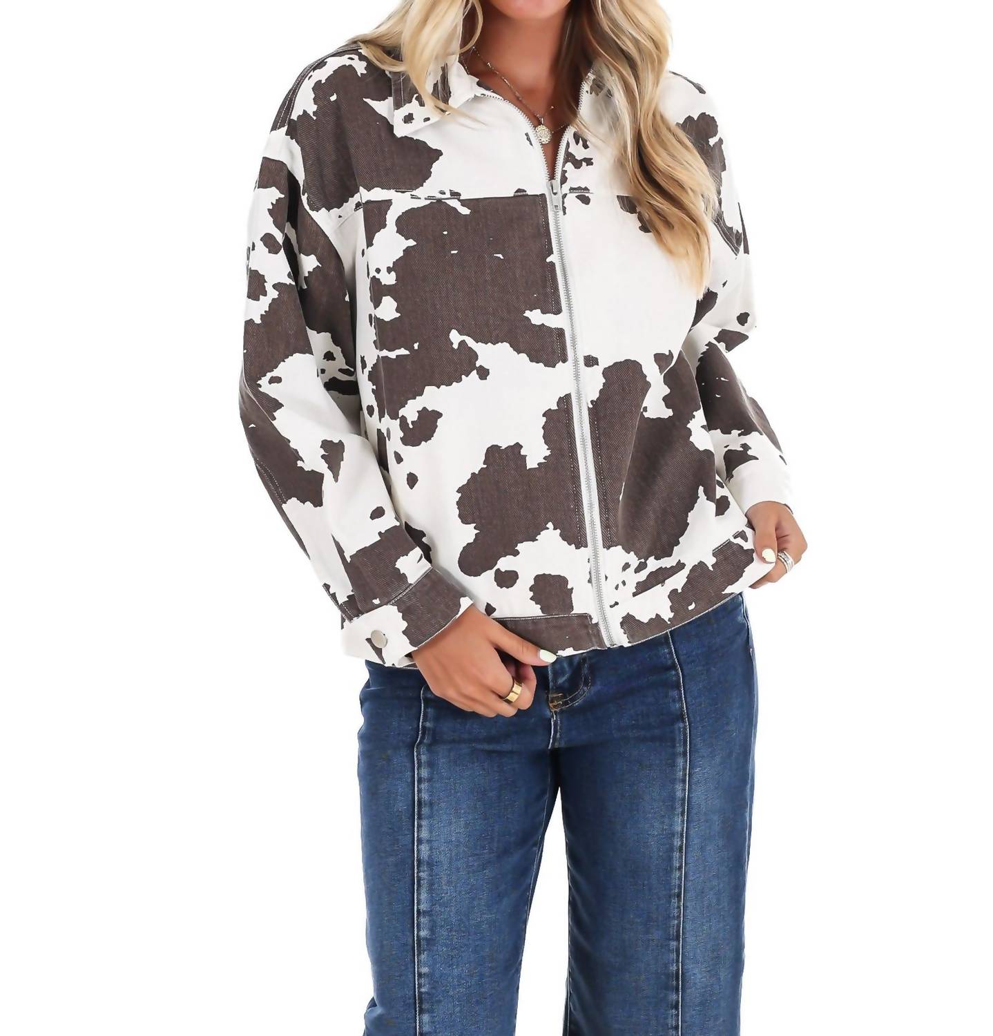 Le Lis - A Cowgirl's Favorite Cow Print Denim Jacket