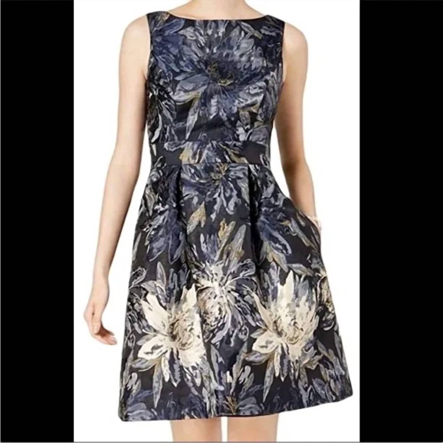 Jessica Howard Women's Floral Jacquard Metallic Dress in navy - women's dress - detail view