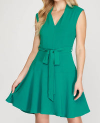 SHE + SKY Sleeveless V Neck Fit And Flare Dress in emerald - women's dress - view 4