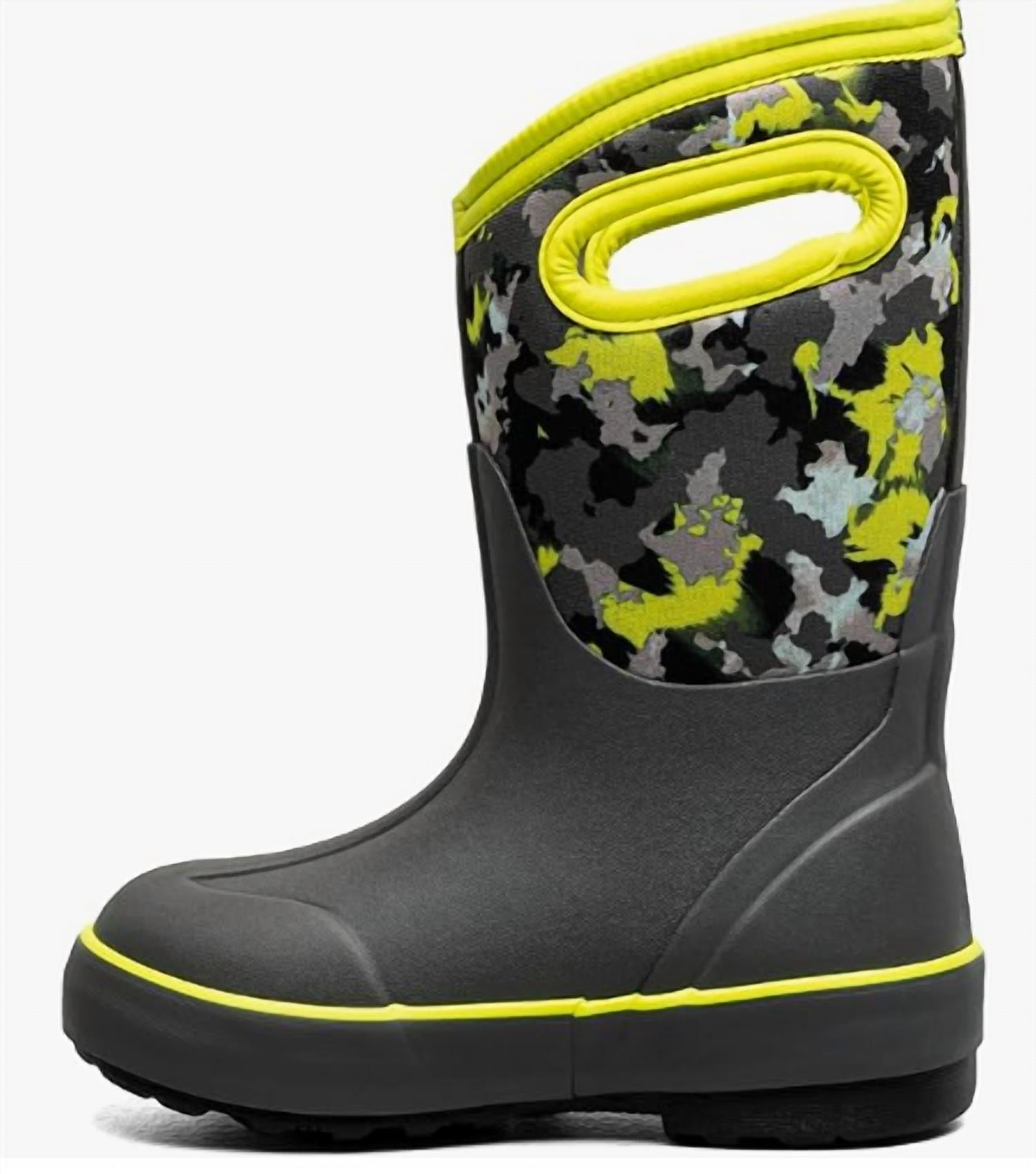 BOGS Kid's Classic 2 Camo Texture Boots in dark gray multi - kids' shoe - detail view