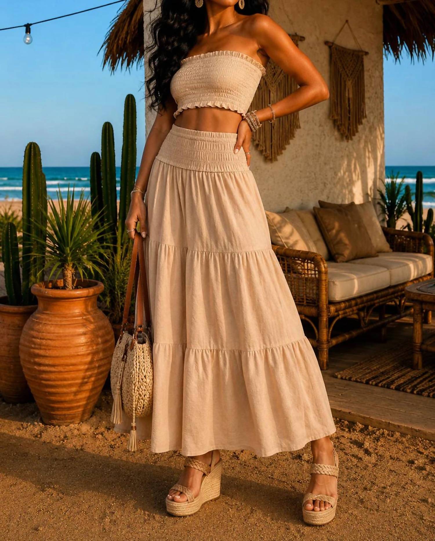 Little Secret Of Mine - Elastic Smocked Waist Tiered Maxi Skirt