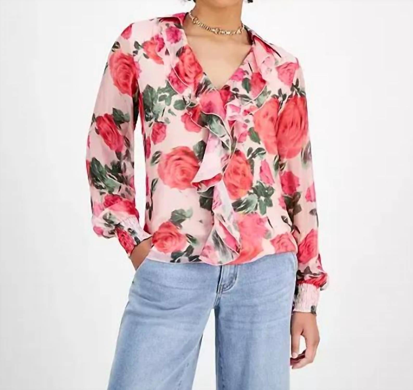 Guess - Soave Ruffle Blurred Roses Blouse
