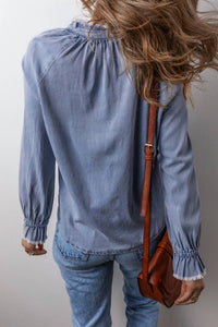 Little Daisy Closet - Frilled Raw Hem Half Buttoned Denim Top