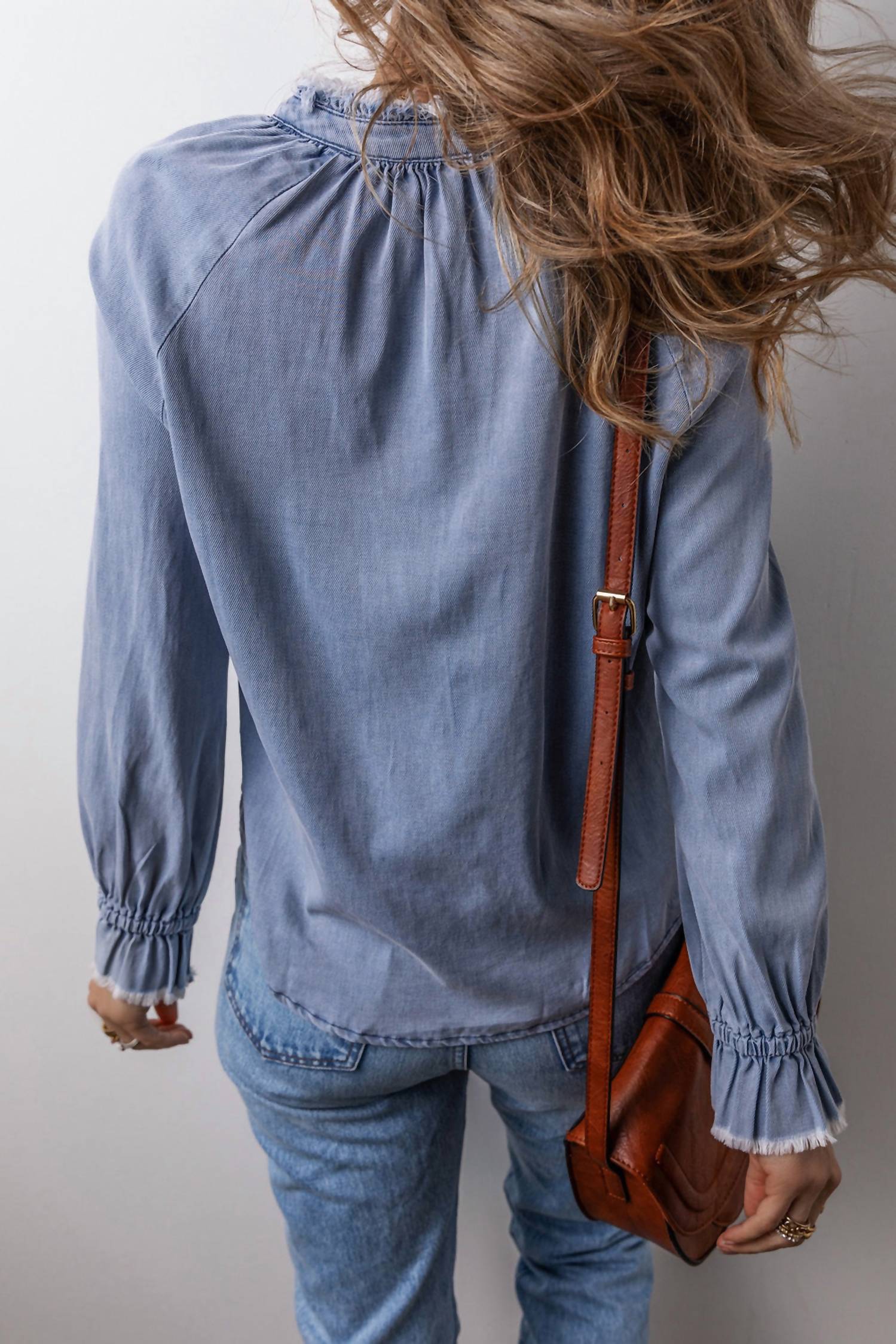 Little Daisy Closet - Frilled Raw Hem Half Buttoned Denim Top