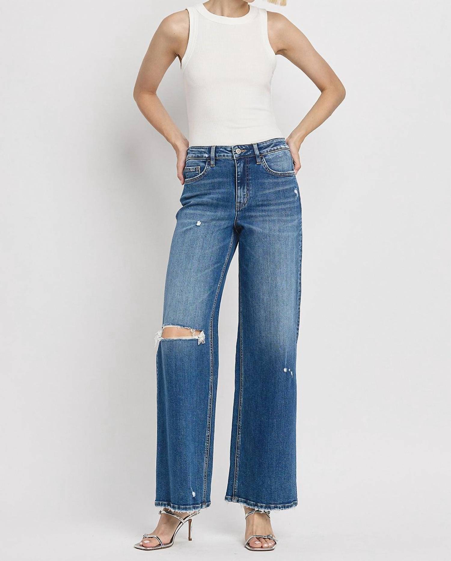 Flying Monkey - High Rise Distressed Wide Leg Jeans With Knee Slit