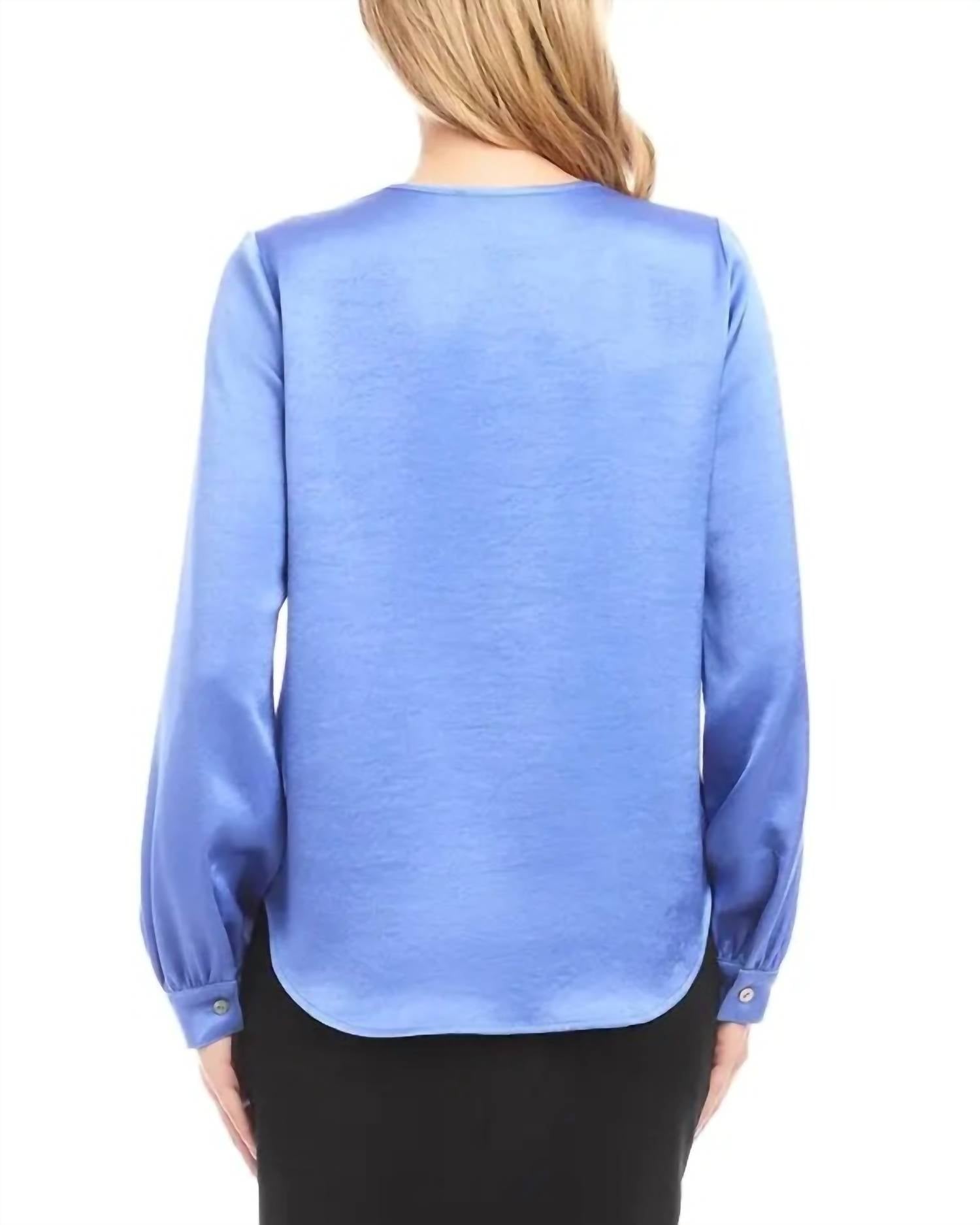 Karen Kane Satined Shirred Blouse in periwinkle - women's blouse - detail view