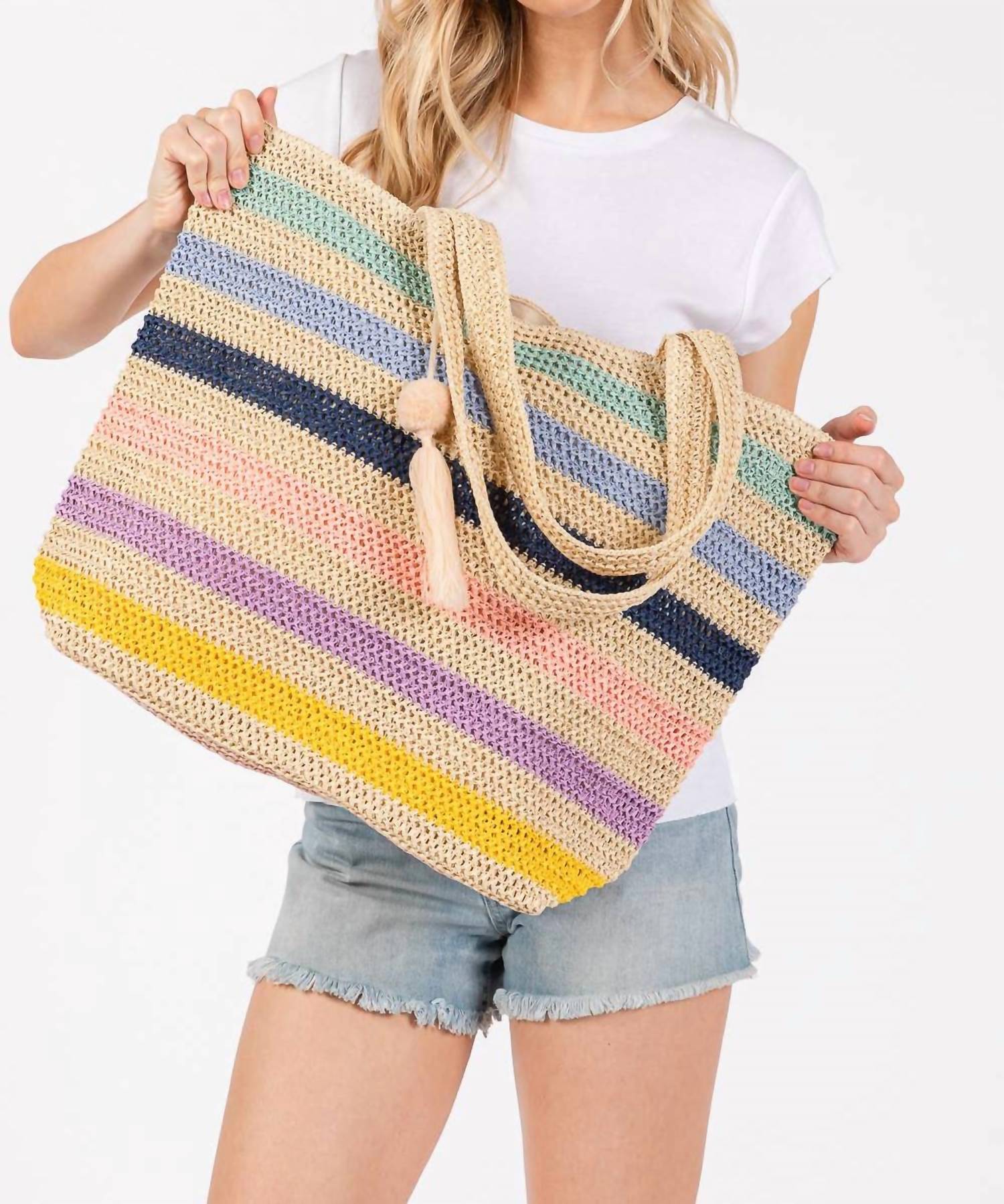 MiMi Wholesale Women's Amara Striped Crochet Tote Bag in multi - women's bag - alternate view