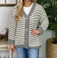 BiBi Chunky V-neck Cardigan in grey and ivory - women's cardigan