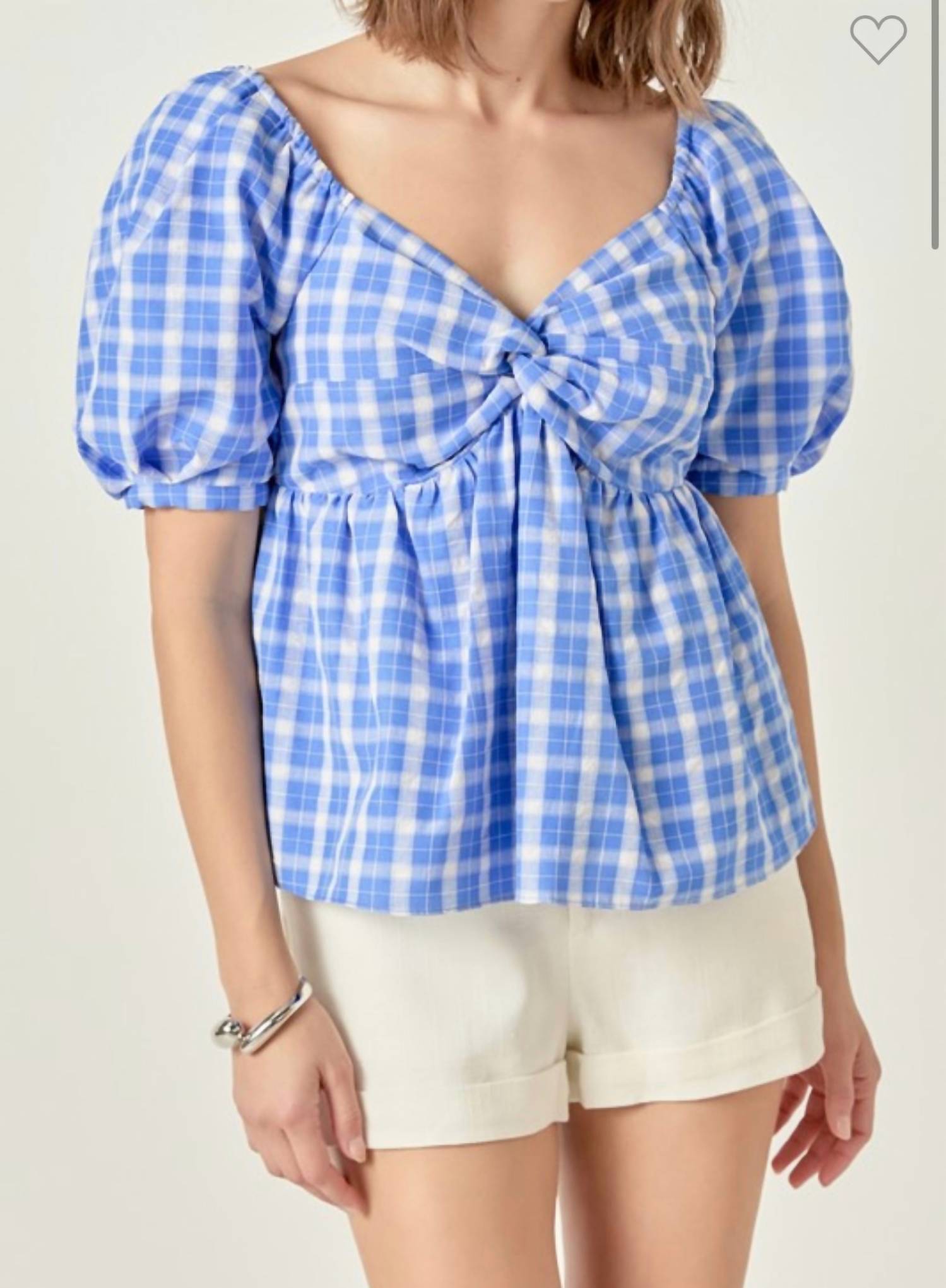 English Factory Twisted Puff Sleeve Sweetheart Top in gingham blue - women's blouse - detail view