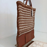 Valentino Garavani Men's Identity Woven Tote Bag Without Detachable Strap in brown beige white - men's bag - detail view