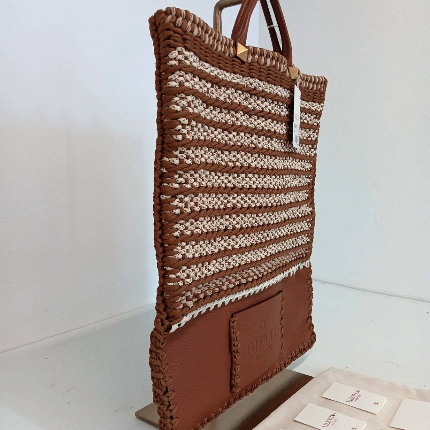 Valentino Garavani Men's Identity Woven Tote Bag Without Detachable Strap in brown beige white - men's bag - detail view