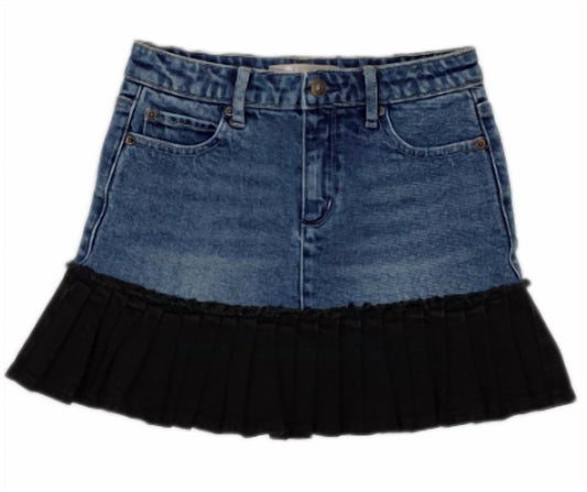 Girl's Mixed Denim Pleated Hem Mini Skirt