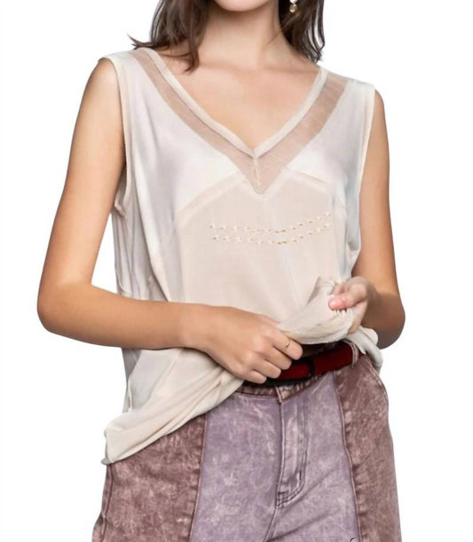 Lalavon - Lannie Sheer Lace Trim Sleeveless Top