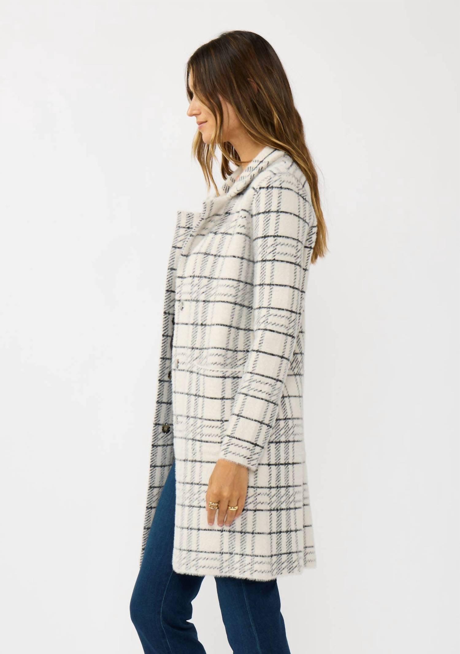 Lovestitch - Plaid Notched Collar Button Front Cardigan