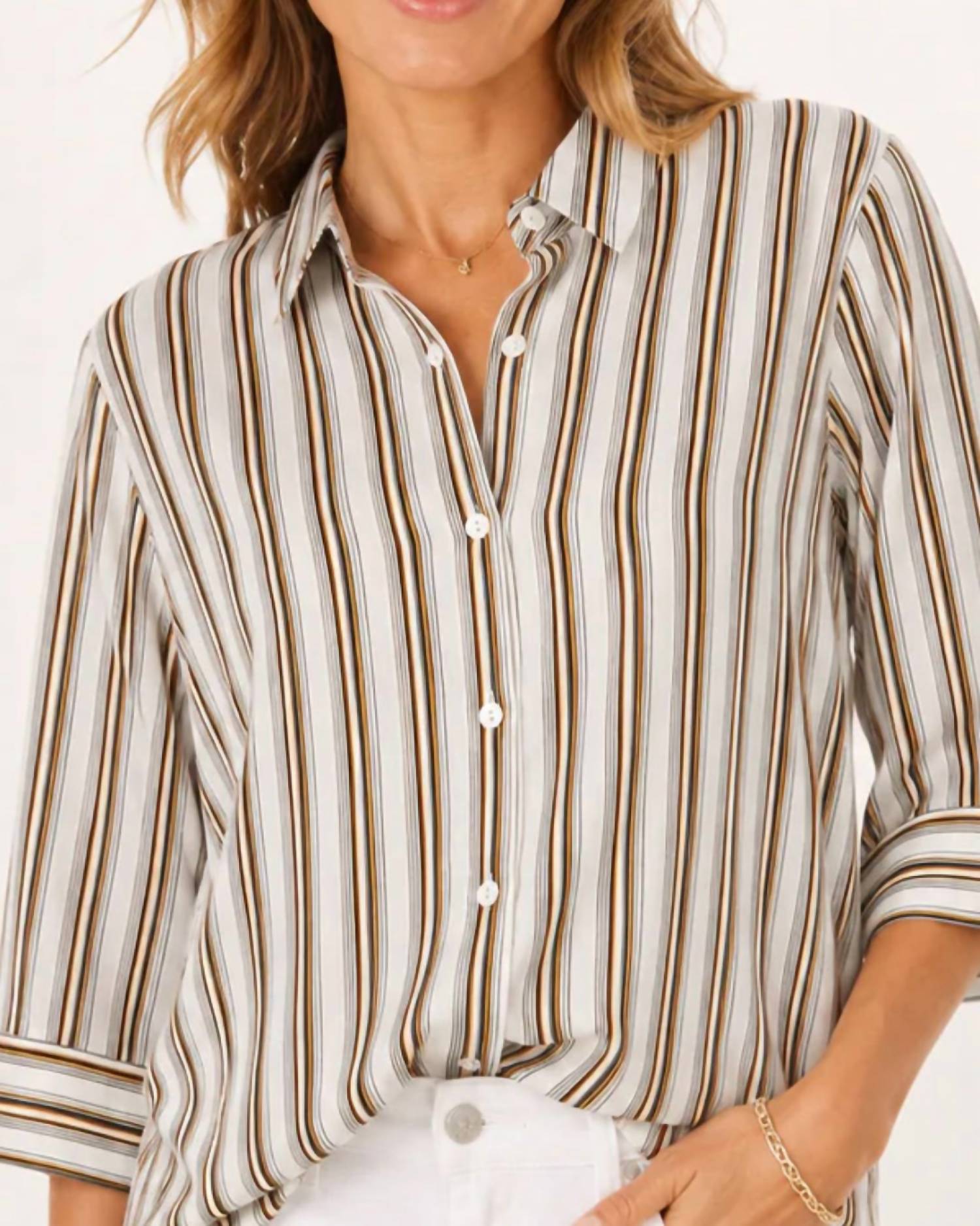 Mystree - Striped ¾ Sleeve Button-down Shirt