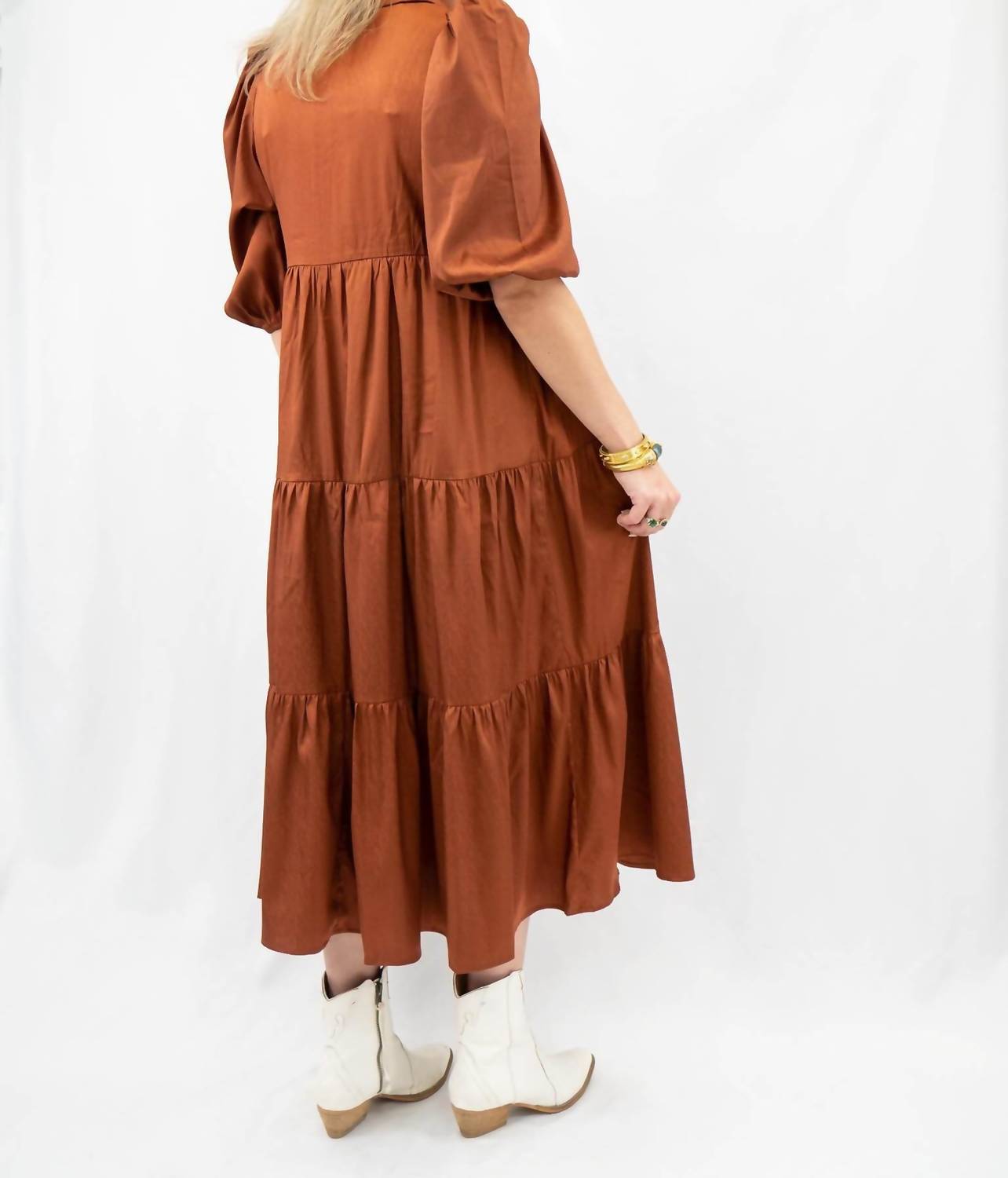 Pretty Follies Tiered Midi Dress in bronze - women's dress - alternate view