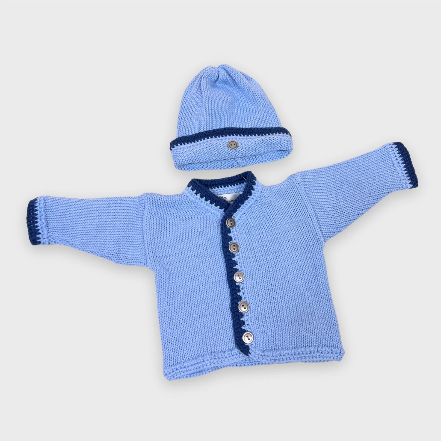 Gita - Boy's 2pc Light Blue Cotton Sweater With Navy Trim & Hat