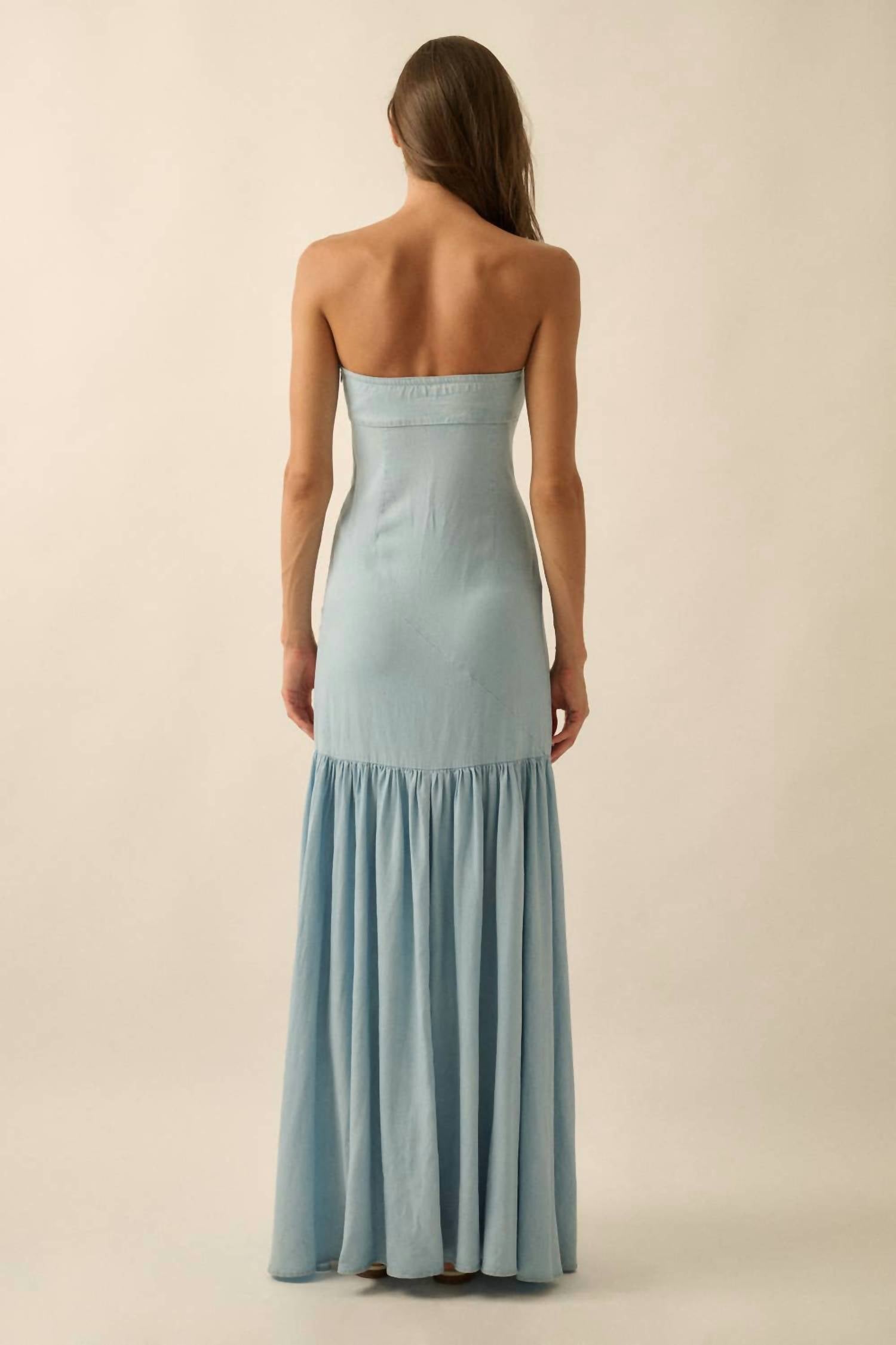 PROMESA Demi Denim Strapless Dress in blue - women's dress - detail view