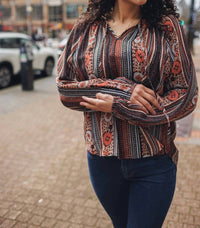 Papillon Rustic Bloom Stripe Blouse in brown multi - women's blouse - detail view