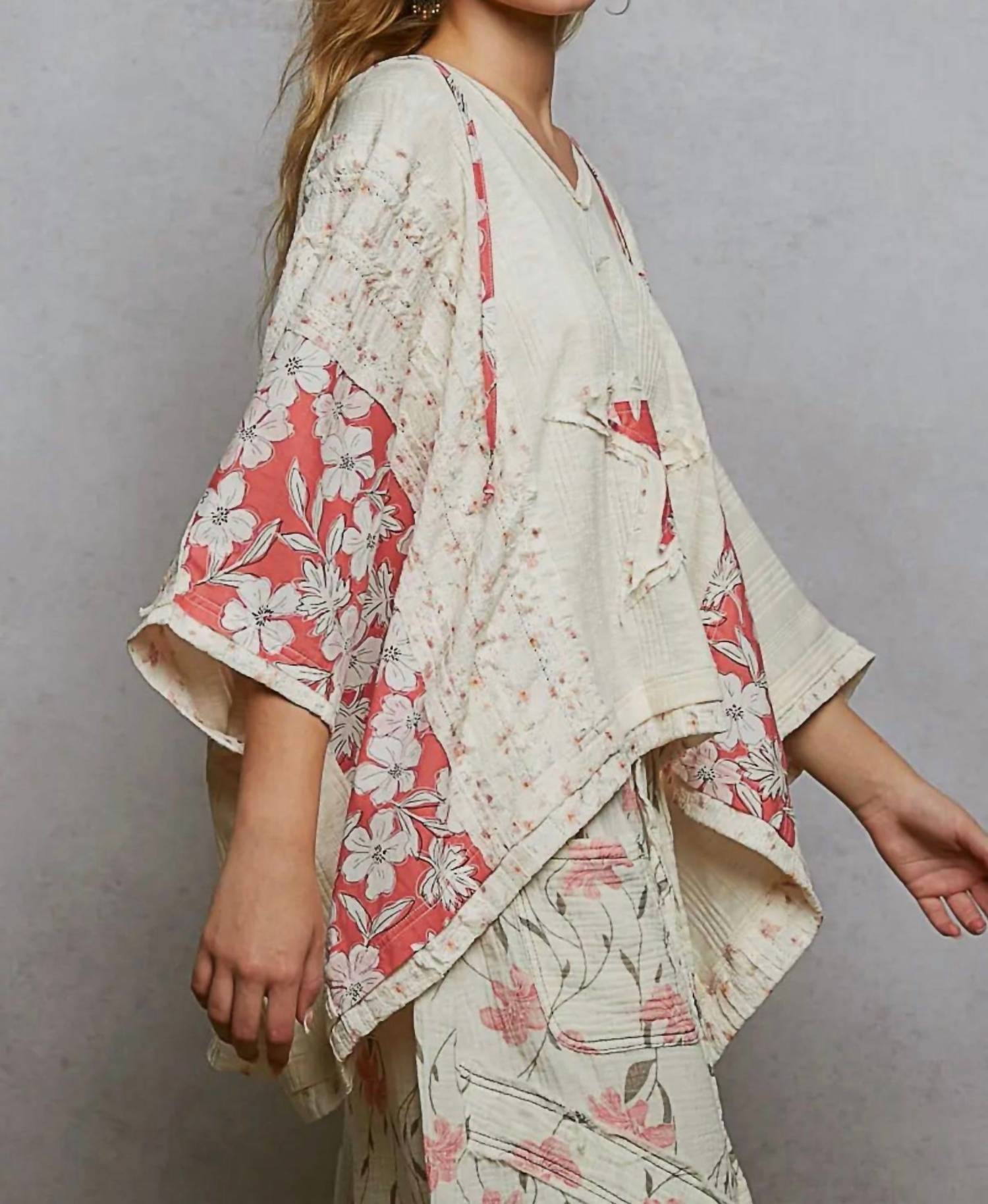 Pol - Relaxed Star Patch Floral Top With Hoodie