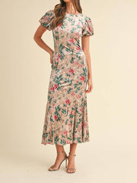 Mable - Puff Sleeve Velvet Floral Mermaid Midi Dress
