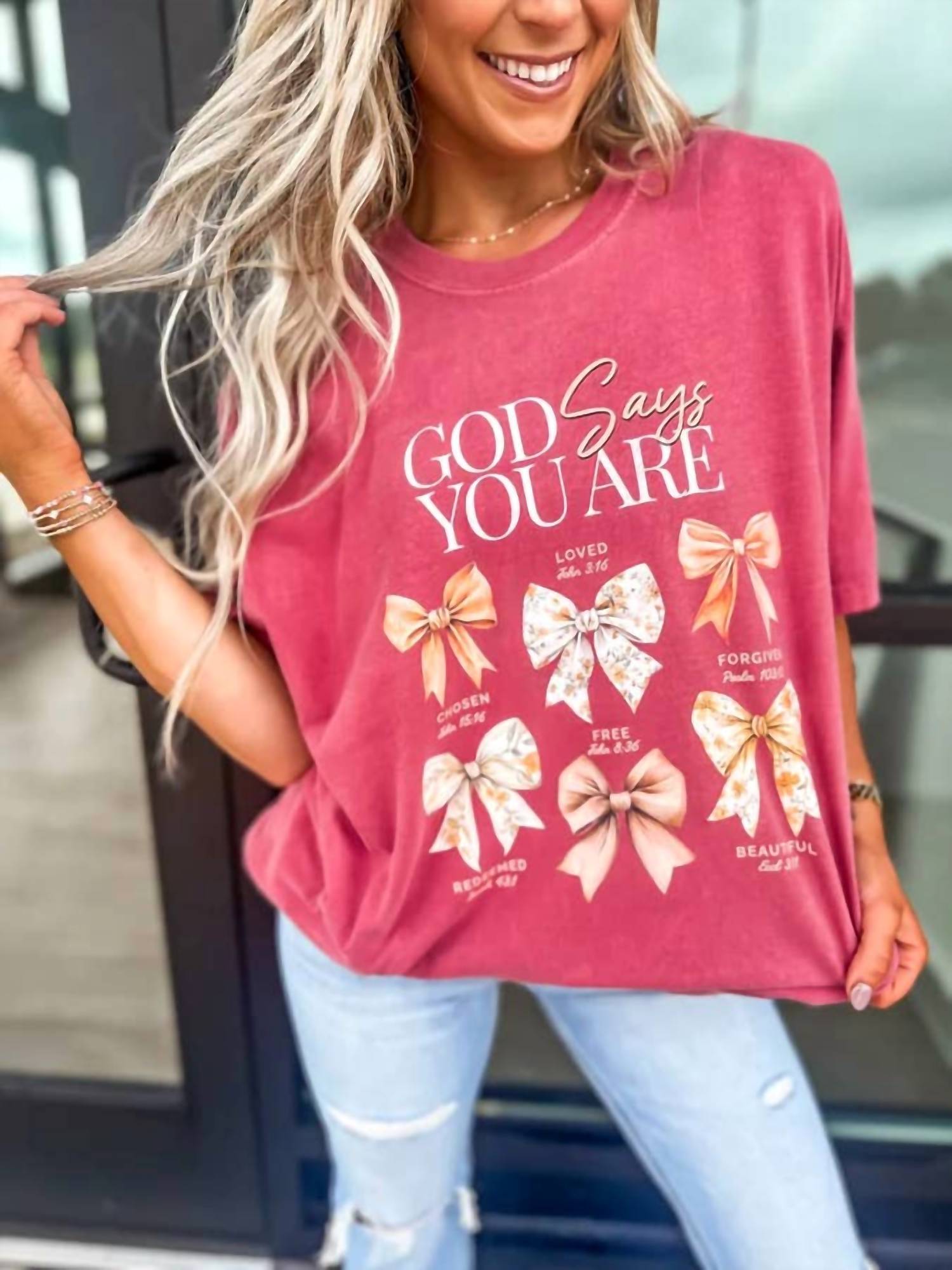 Birdie God Says You Are Graphic Tee in burgundy - women's t-shirt - detail view