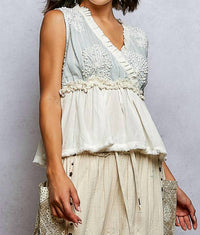 Pol - V-neck Ruffle Embroidery Sleeveless Woven Top