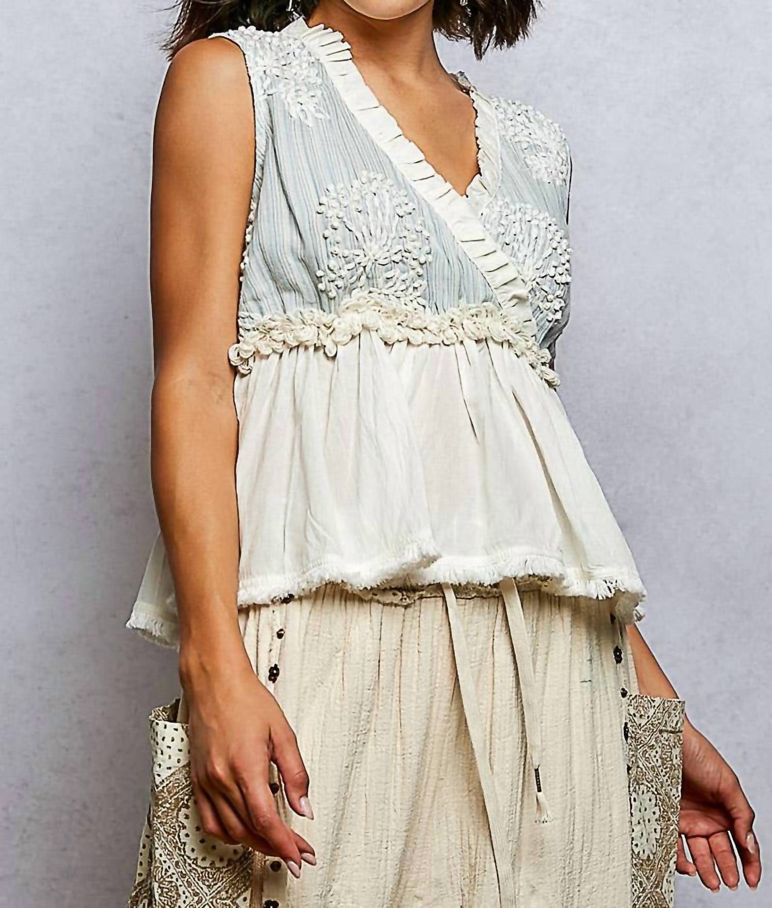 Pol - V-neck Ruffle Embroidery Sleeveless Woven Top