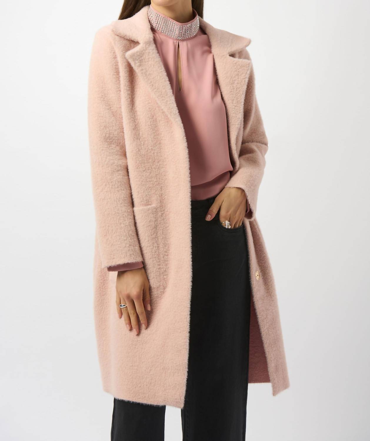 Joseph Ribkoff - Detachable Faux Fur Trim Long Sleeve Coat