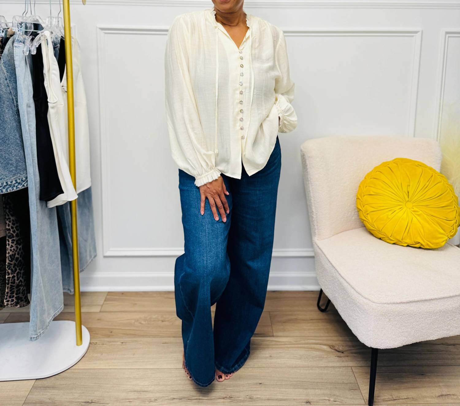 Her Bottari - Button Front Tie Neck Blouse