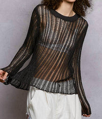 Pol - Round Neck Open-knit Long Sleeve Thin Sweater Top