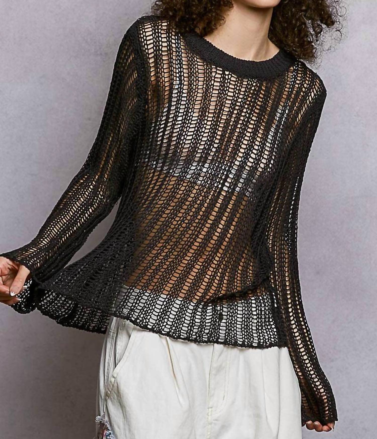 Pol - Round Neck Open-knit Long Sleeve Thin Sweater Top