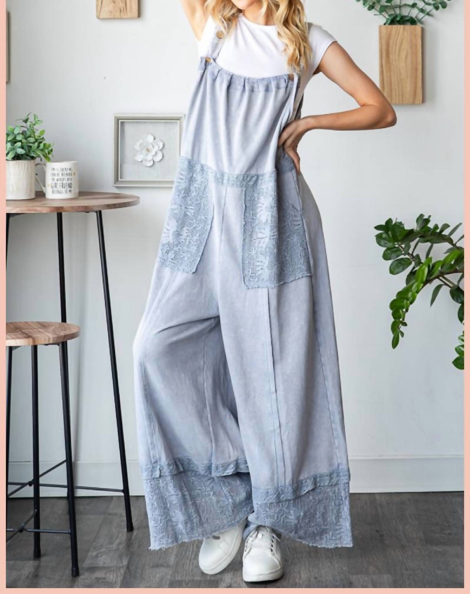 Oli & Hali - Washed Lace Hem Terry Overall Jumpsuit