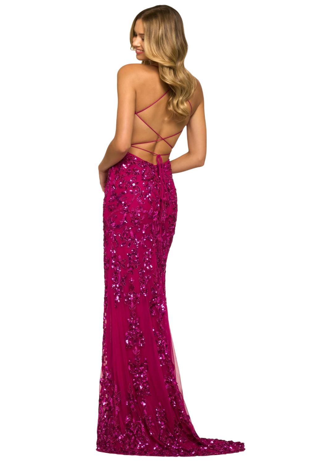 Sherri Hill Sequin Embellished Gown in bright fuschia - women's dress - alternate view