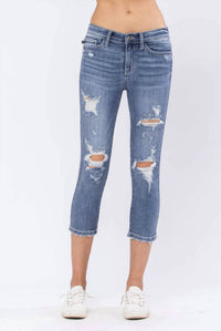 Judy Blue Destroyed Mid-Rise Capri Jeans in medium wash - women's pants