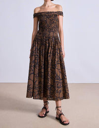 APIECE APART Britt Off Shoulder Maxi Dress in large lace floral chocolate 1 - women's dress