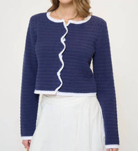 Central Park West Wren Scallop Crochet Cardigan in navy - women's cardigan