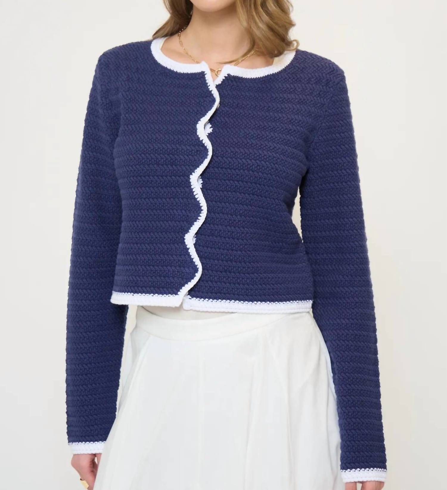 Central Park West Wren Scallop Crochet Cardigan in navy - women's cardigan
