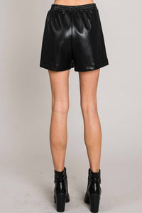 ALLIE ROSE Soft Pleather High Waisted Shorts in black - women's shorts - detail view