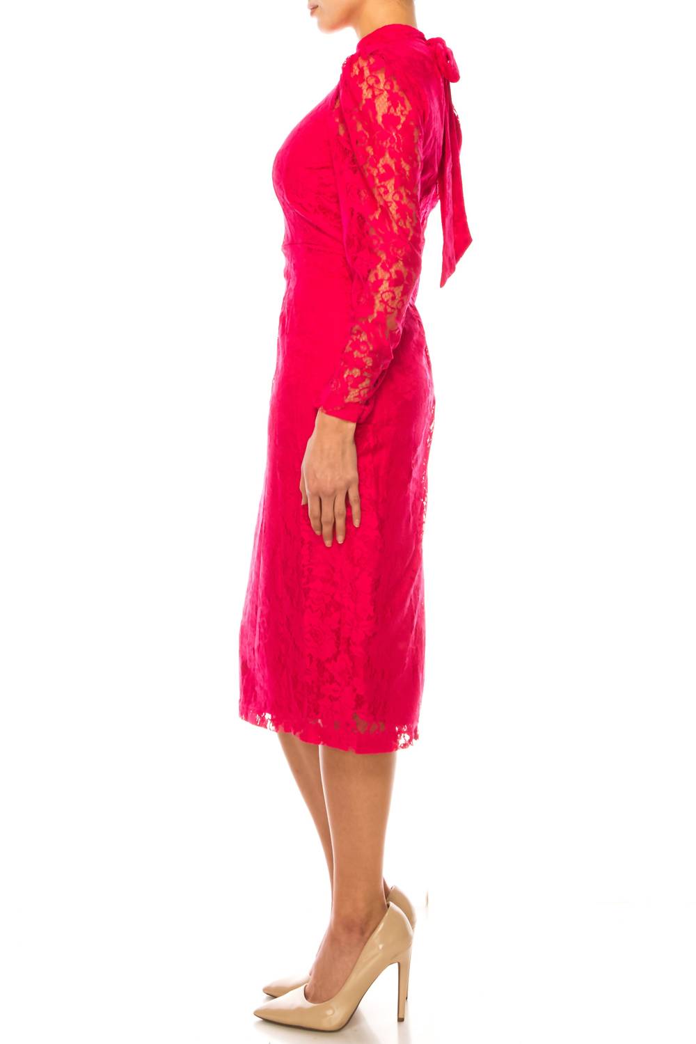Maison Tara - Lace Mock Neck Midi Sheath Dress