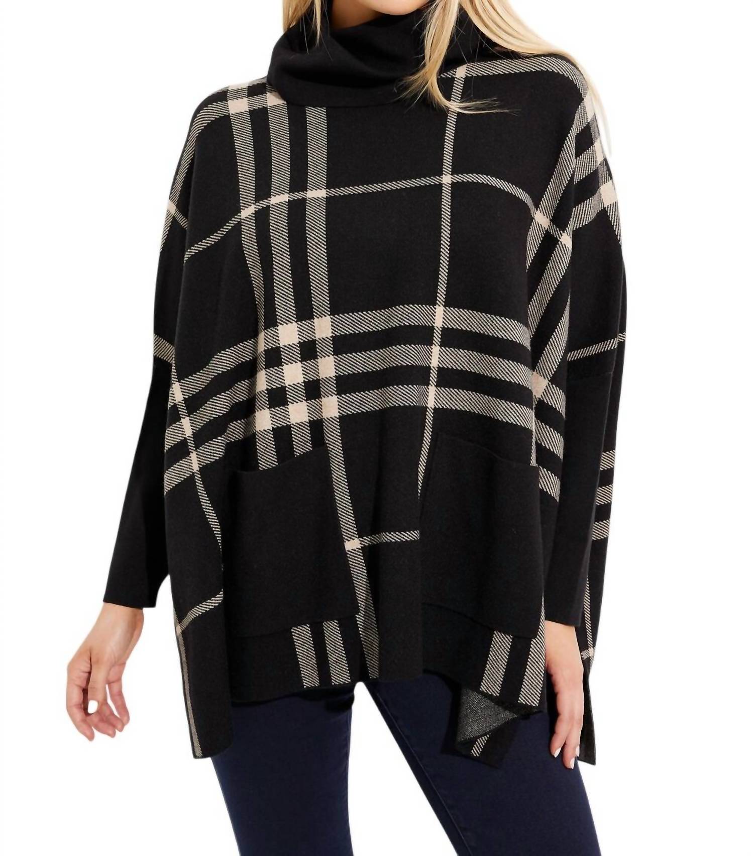 Joseph Ribkoff Plaid Turtleneck Tunic Top With Pockets in black oatmeal one - women's shirt