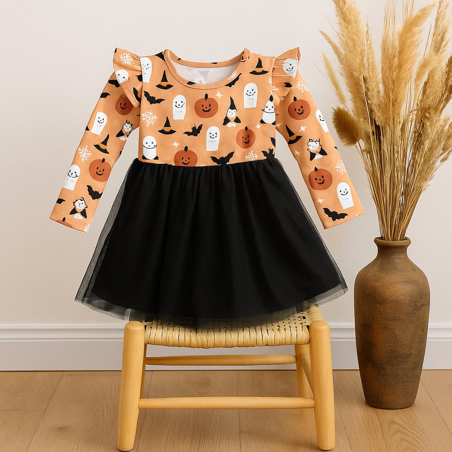 Emerson And Friends - Boo-Tastic Glow-in-the-Dark Halloween Flutter Long Sleeve Tulle Twirl Dress