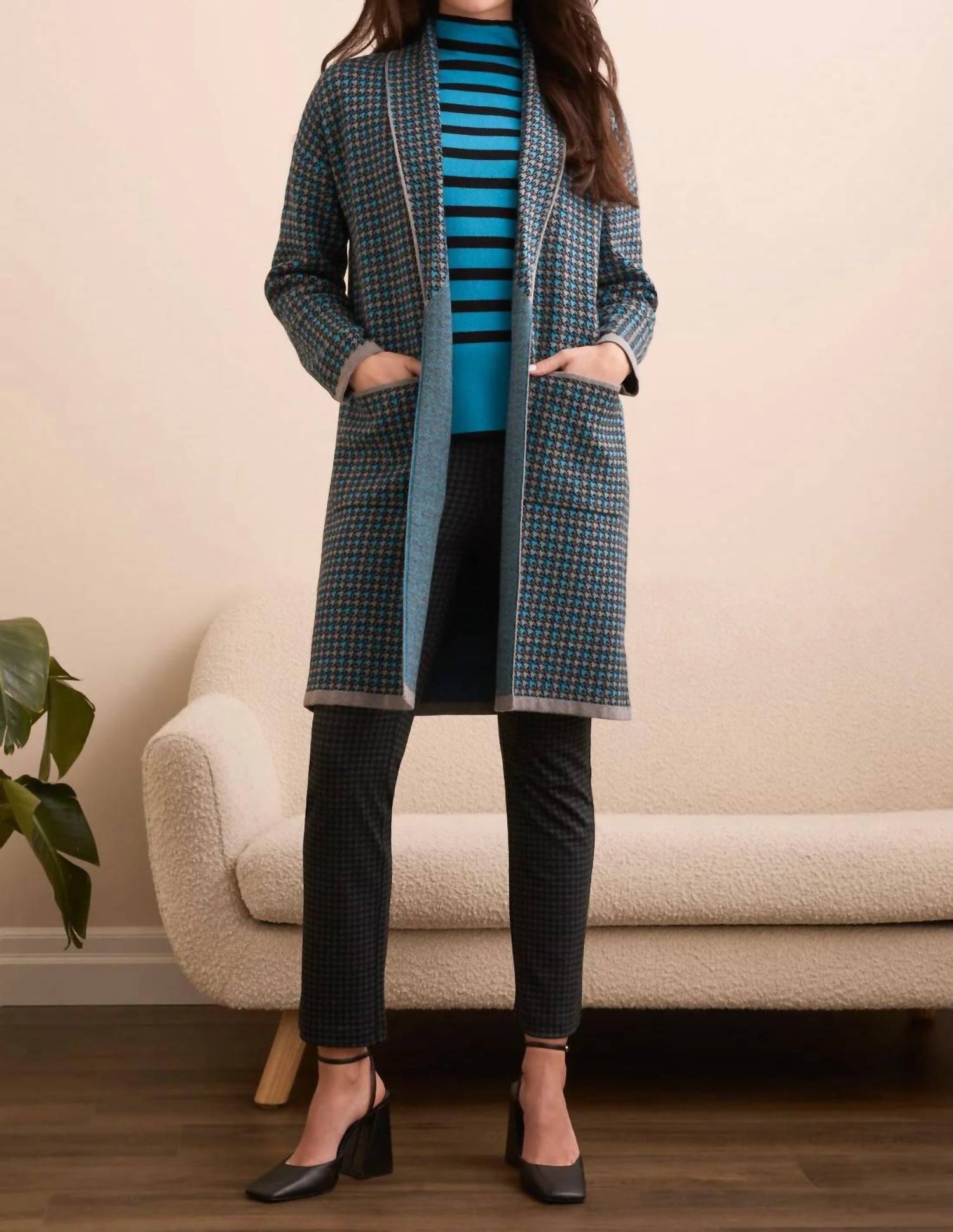 TRIBAL Double Knit Long Plaid Coatigan in charcoal - women's jacket