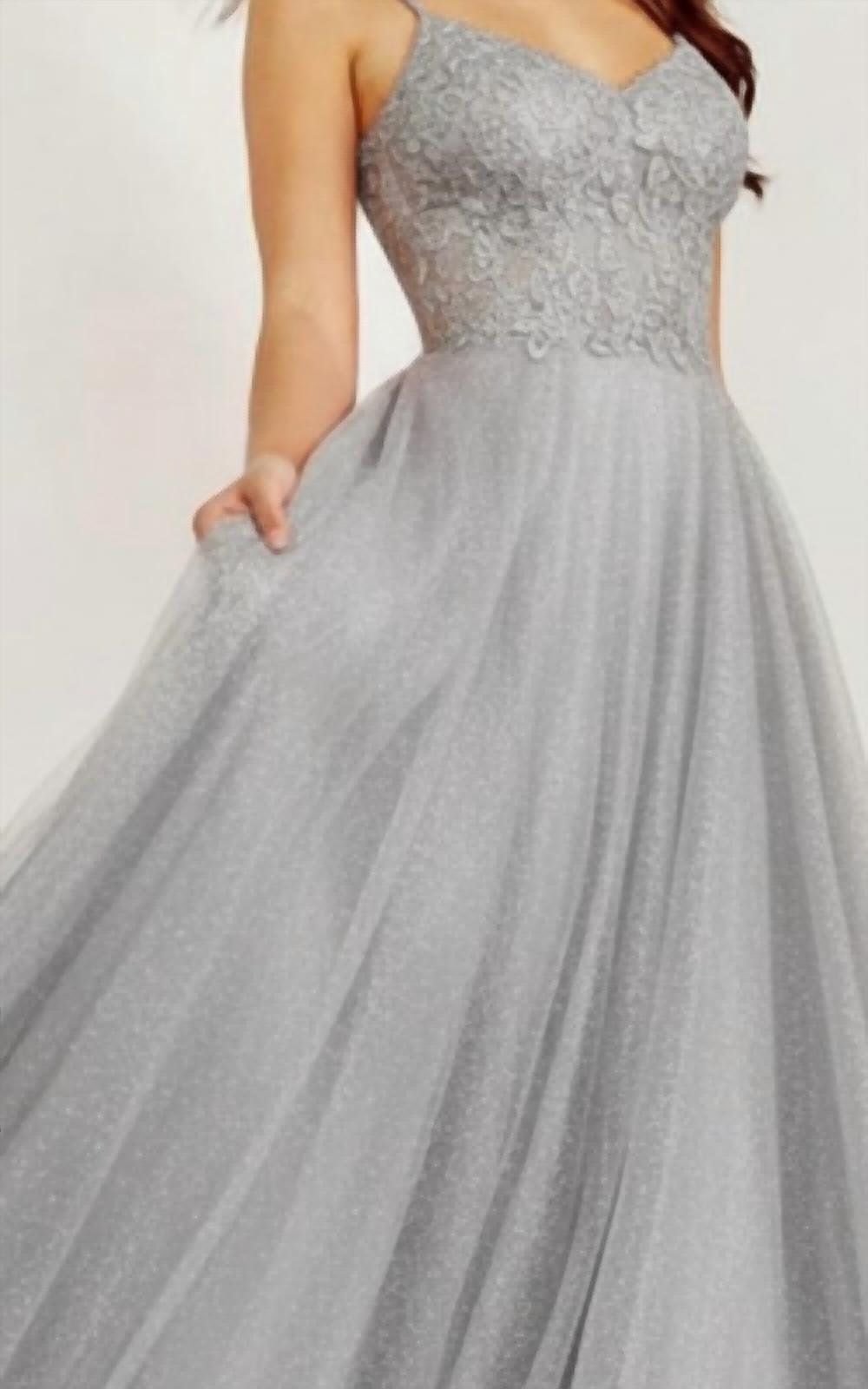 JOVANI Prom Long Spaghetti Strap Metallic Ball Gown in silver - women's dress - alternate view
