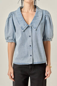 English Factory - Deep V-neck Button Up Denim Shirt