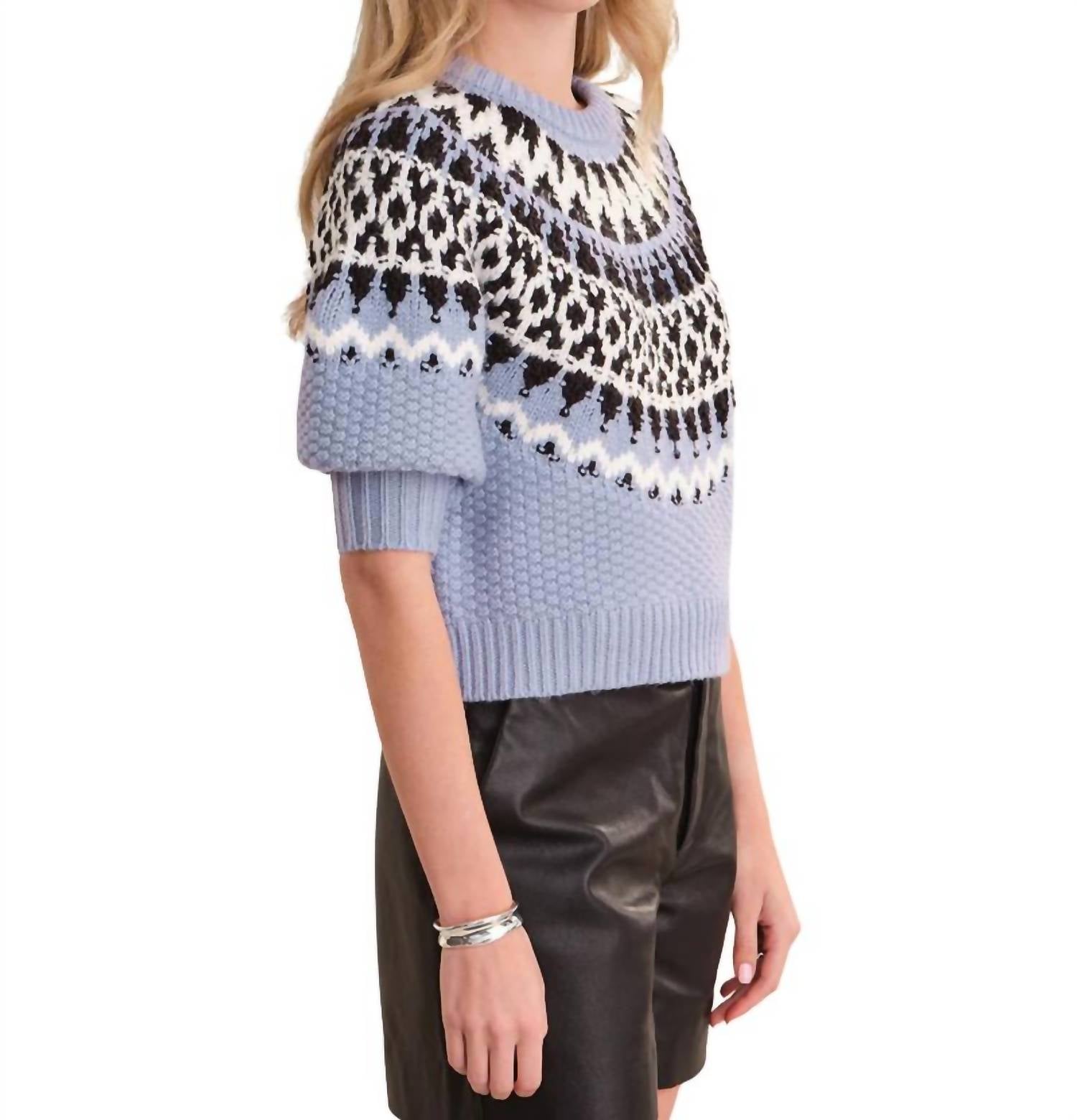 525 America Alora Puff Sleeve Fair Isle Top in eventide combo 1 - women's blouse - alternate view