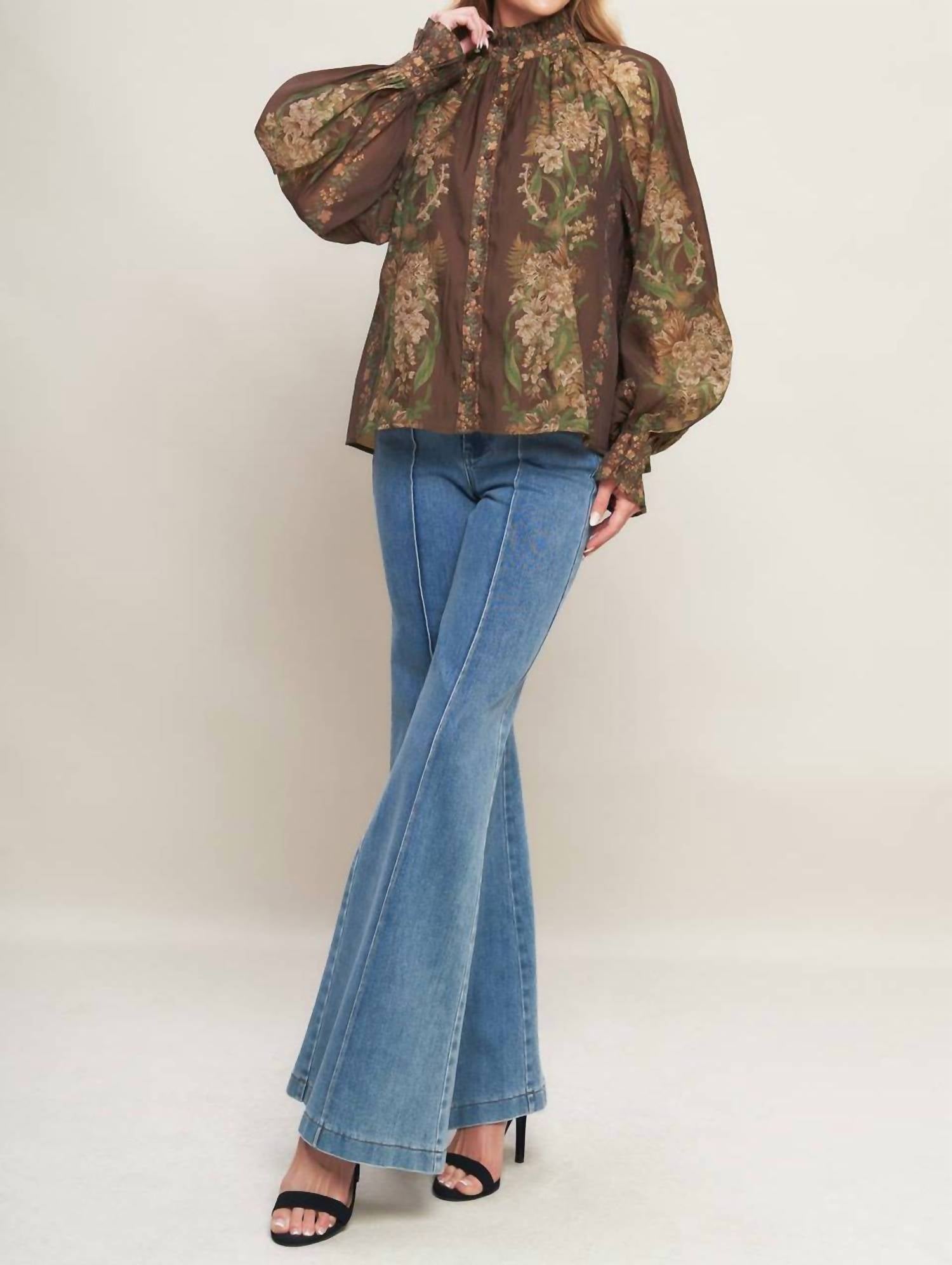 Flying Tomato - Balloon Sleeve Botanical Printed Blouse